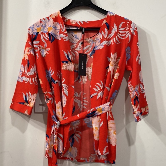 Vero Moda Bali 3/4 Sleeve Kimono Wrap Top Red Floral size S - Picture 8 of 13
